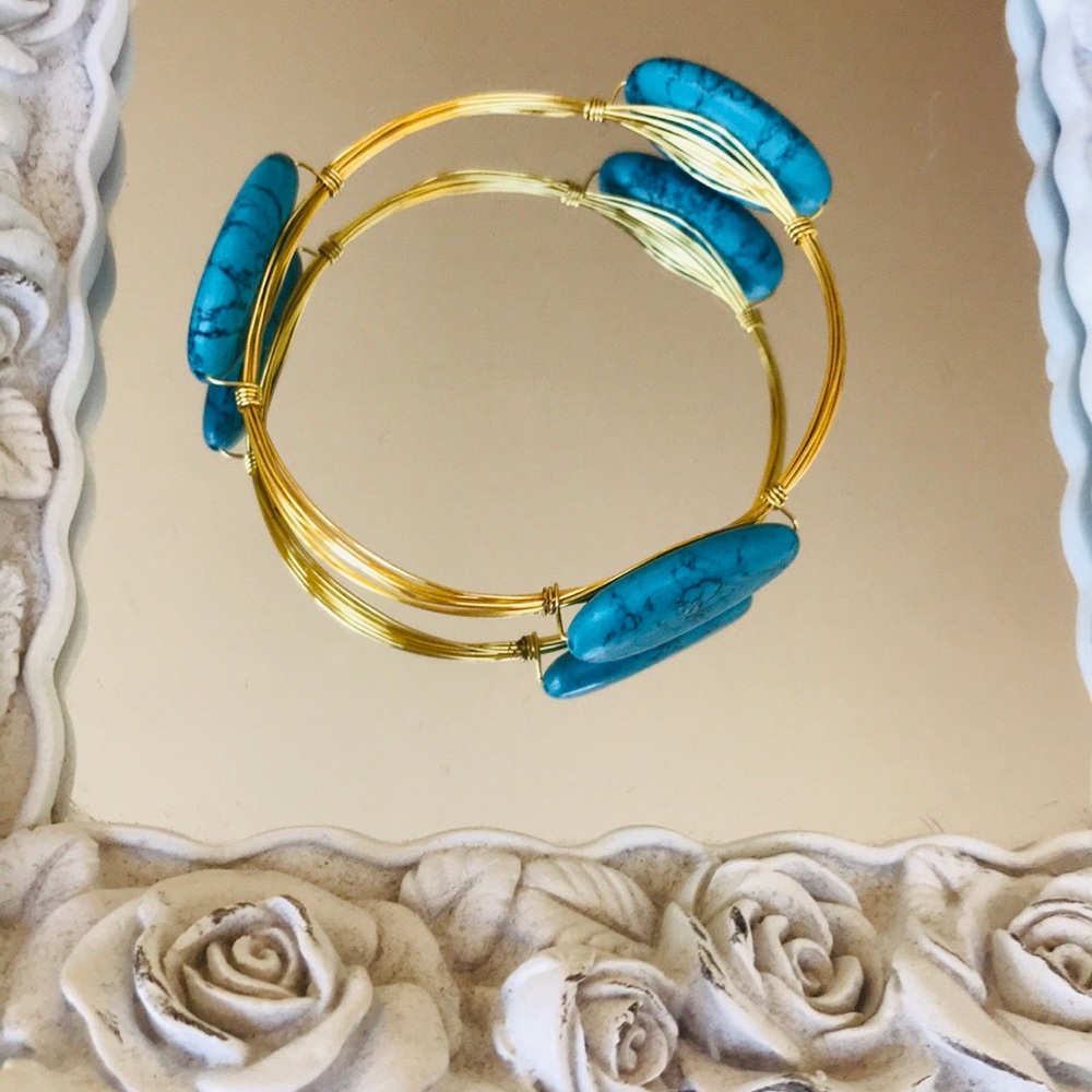 Ocean Aqua Mosaic Stone Bangle Bracelet